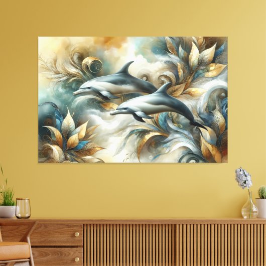 Dolfijnen Gouden Botanisch Dreamscape Canvas Afdruk (Insitu (Woonkamer))