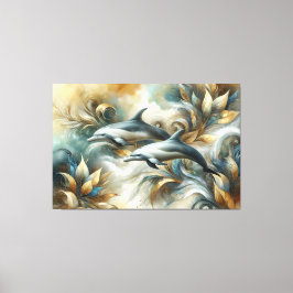 Dolfijnen Gouden Botanisch Dreamscape Canvas Afdruk
