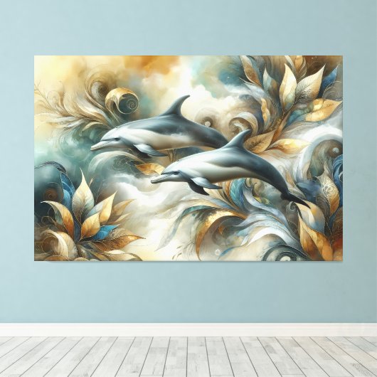 Dolfijnen Gouden Botanisch Dreamscape Canvas Afdruk (Insitu (Houten vloer))