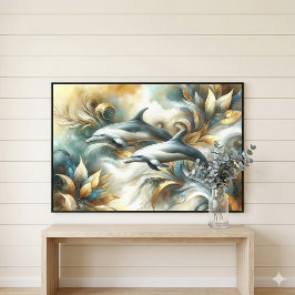 Dolfijnen Gouden Botanische Droomlandschap Canvas Afdruk