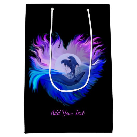 Dolfijnen in de maan, hart, Jouw tekst toevoegen Medium Cadeauzakje (Achterkant)