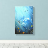 Dolfijnen in diepblauw Zeeen olieverfschilderij op Canvas Afdruk (Insitu (Houten vloer))