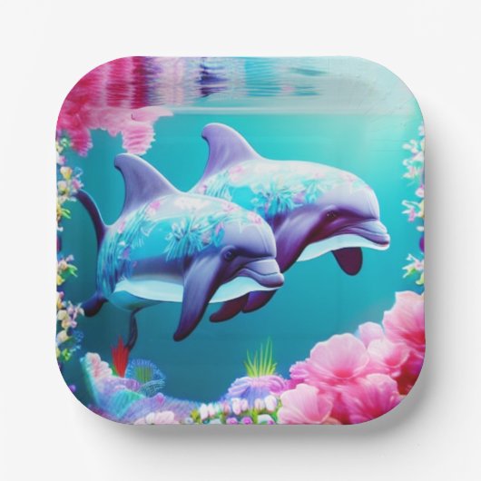 Dolfijnen in oceaanleven met bloemen papieren bordje (Voorkant)