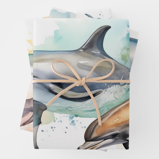 Dolfijnen in Sunset Waterverf Scene Inpakpapier Vel (In situ)