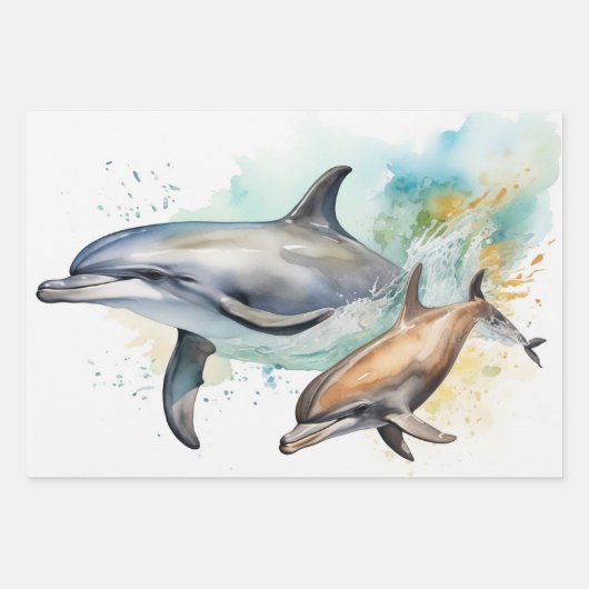 Dolfijnen in Sunset Waterverf Scene Inpakpapier Vel (Voorkant)