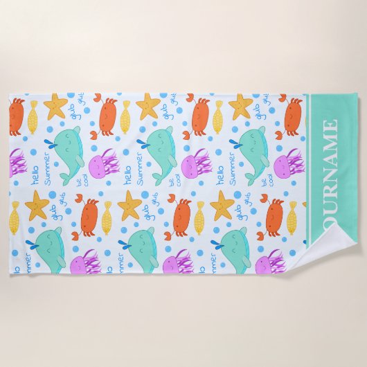 Dolfijnen, krabben, octopus en zeesterren aangepas strandlaken (Voorkant)