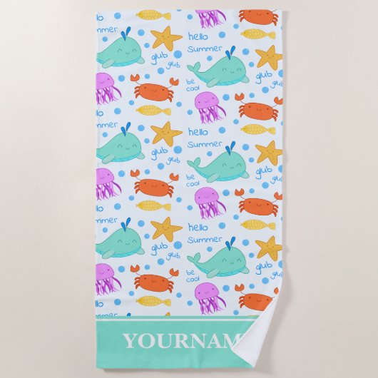 Dolfijnen, krabben, octopus en zeesterren aangepas strandlaken (Voorkant)