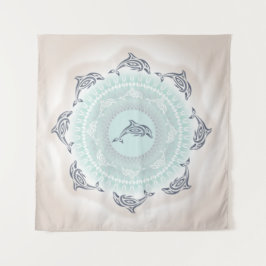 Dolfijnen Mandala Blauw Taupe Kustlijn Wandkleed