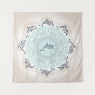 Dolfijnen Mandala Blauw Taupe Kustlijn Wandkleed
