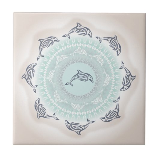 Dolfijnen Mandala Lichtblauw Taupe Tegeltje (Voorkant)