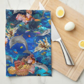 Dolfijnen onder de oceaan met koraalrif theedoek (Quarter Fold)