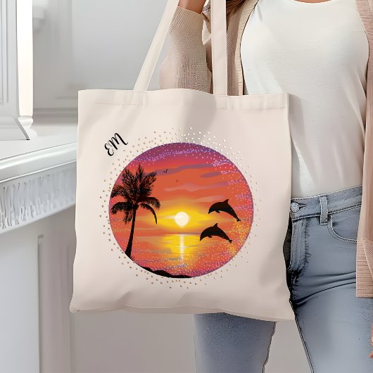 dolfijnen spelen in de Sunset Initialen Tote Bag