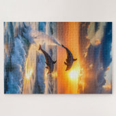 Dolfijnen springen bij zonsondergang legpuzzel (Horizontaal)