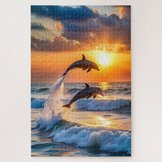 Dolfijnen springen bij zonsondergang legpuzzel (Verticaal)