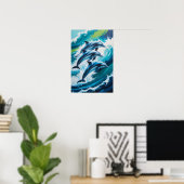 Dolfijnen springen door oceaangolven Dynamische Ma Poster (Thuiskantoor)
