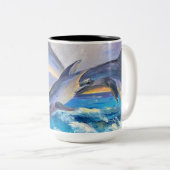 Dolfijnen springen voor vreugde tweekleurige koffiemok (Voorkant rechts)