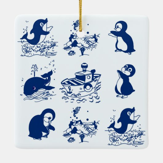 Dolfijnen, walvissen en pinguïns keramisch ornament (Achterkant)