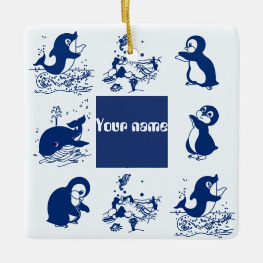 Dolfijnen, walvissen en pinguïns keramisch ornament (Voorkant)