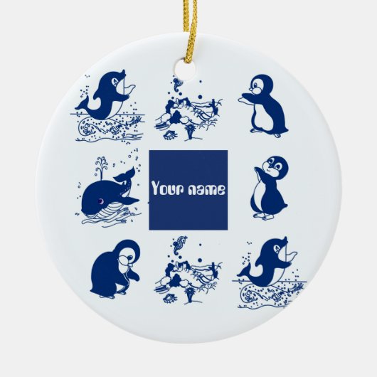 Dolfijnen, walvissen en pinguïns keramisch ornament (Voorkant)
