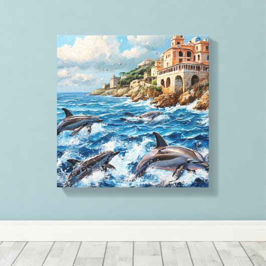 Dolfijnen Zeegezicht Canvas Afdruk (Insitu (Houten vloer))