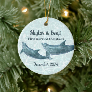 Dolfijnenpaar Eerste Kerstmis Getrouwd Keramisch Ornament