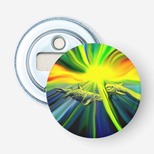 Dolfijnfamilie in de zon button flesopener (Voorkant)