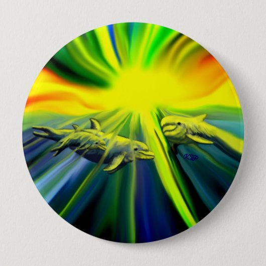 Dolfijnfamilie in de zon ronde button 4,0 cm (Voorkant)