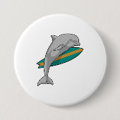 Dolfine als Surfer met Surfboard Ronde Button 7,6 Cm (Voorkant)