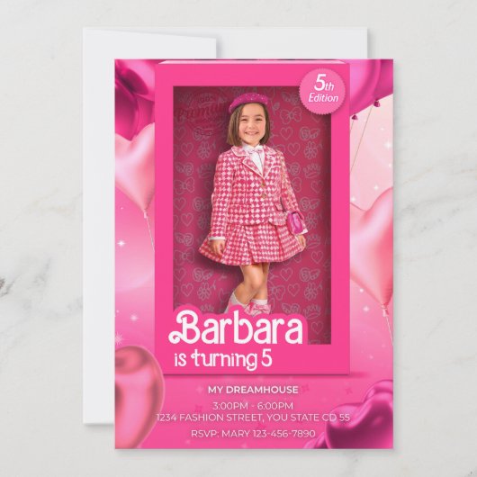 Doll Box Birthday Invitation - Barbie-Inspired Pin Kaart (Voorkant)