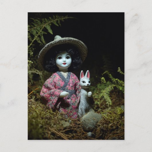 Doll in het Mossy Forest met een konijn Briefkaart (Voorkant)