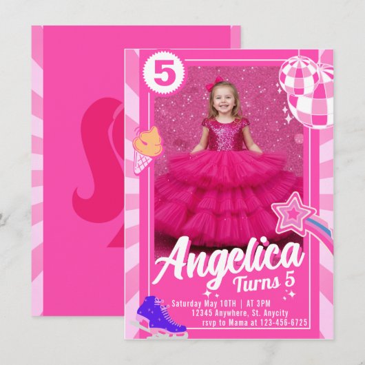 Doll Pink Birthday Invitation Kaart (Voorkant / Achterkant)