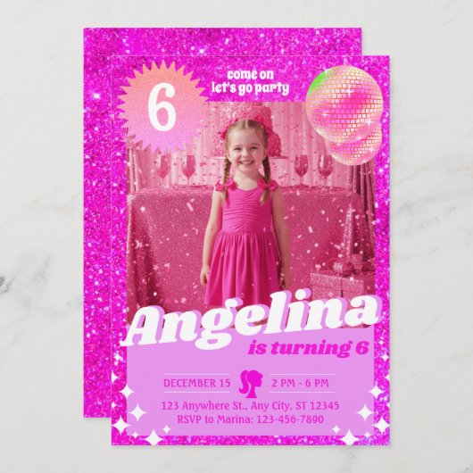 Doll Pink Gilter Uitnodiging Verjaardagsfeest (Voorkant / Achterkant)