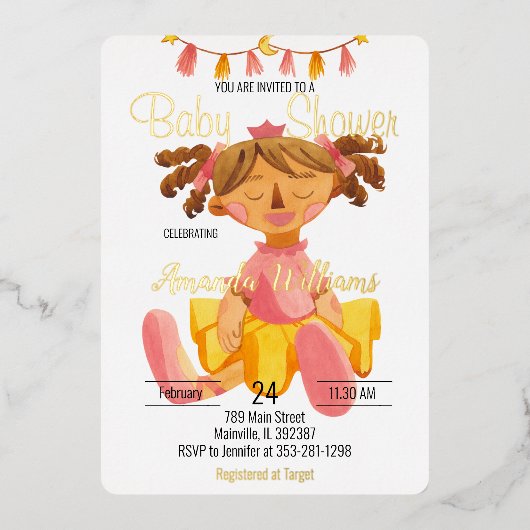 Doll Princess in Ballet Tutu, Gold Foil Invitation Folie Uitnodiging (Voorkant)