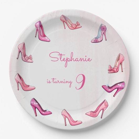 Doll roze hoge hak schoenen meisje verjaardagsfees papieren bordje (Voorkant)