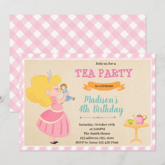 Doll tea party-uitnodiging feestdagenkaart (Voorkant / Achterkant)