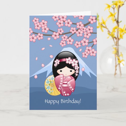 Doll van Kokeshi van de lente - de Japanse Kaart (Gele Bloem)