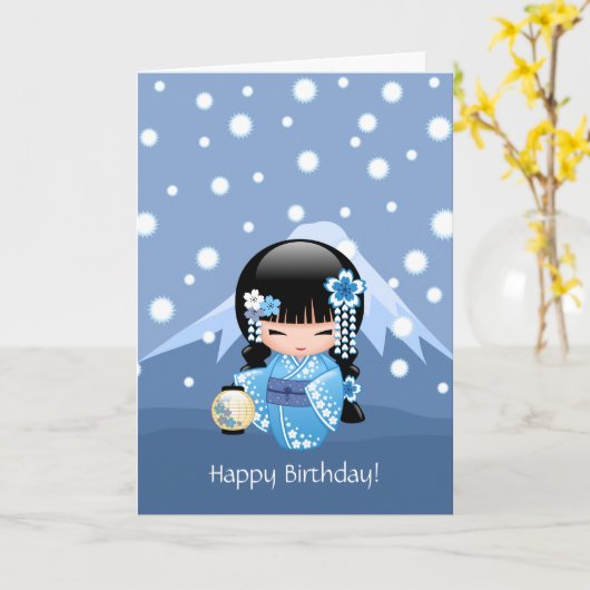 Doll van Kokeshi van de winter - het Gelukkige Kaart (Gele Bloem)