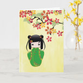 Doll van Kokeshi van Sakura, Wenskaart Kaart (Gele Bloem)