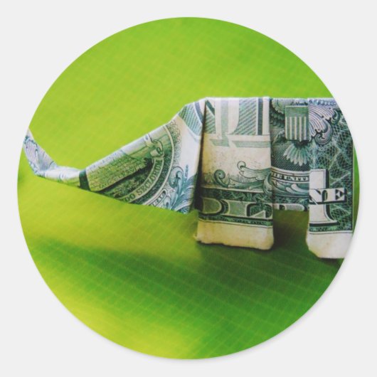 Dollar bill origami Elephant on Green background Ronde Sticker (Voorkant)