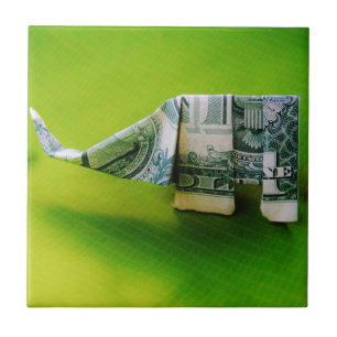 Dollar bill origami Elephant on Green background Tegeltje