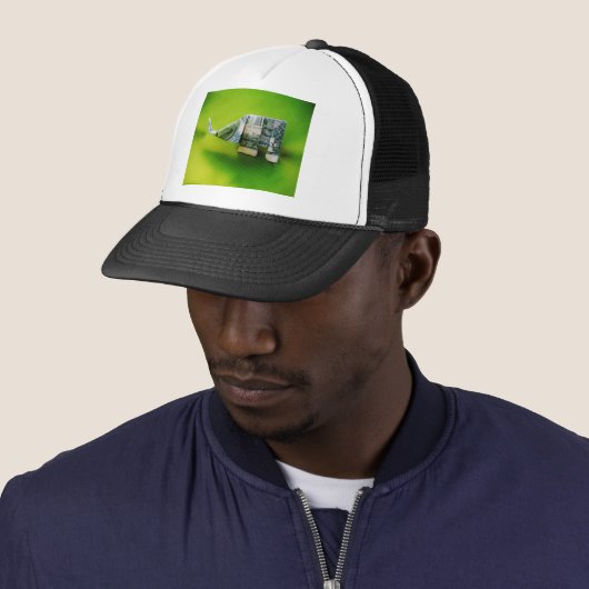Dollar bill origami Elephant on Green background Trucker Pet (In situ)