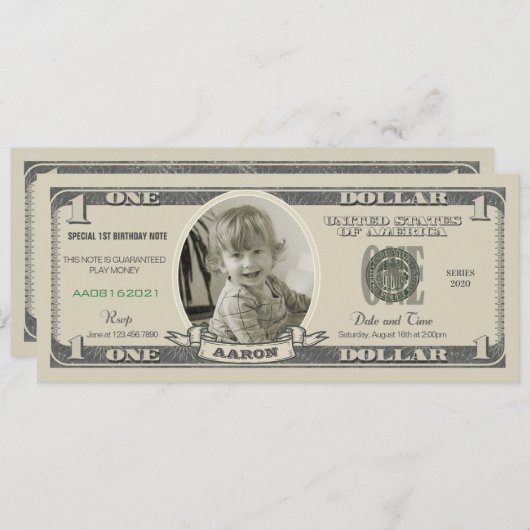Dollar Bill Uitnodiging voor een eerste verjaardag (Voorkant / Achterkant)