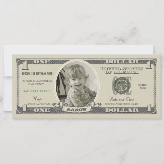 Dollar Bill Uitnodiging voor een eerste verjaardag (Voorkant)