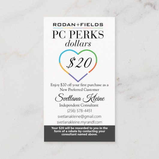 Dollars voor Rodan- en Fields-pc's Visitekaartje (Achterkant)