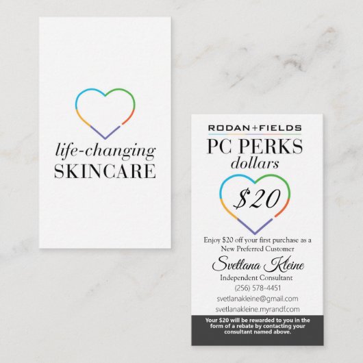 Dollars voor Rodan- en Fields-pc's Visitekaartje (Voorkant / Achterkant)