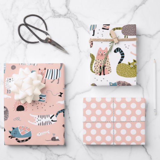Dolle Cute Katten Inpakpapier Set van 3 Vel (Voorkant)