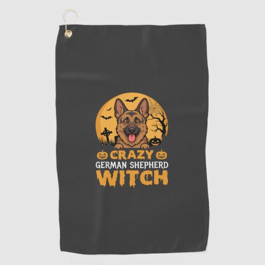 Dolle Duitse Herdersheksontwerp voor Halloween Golfhanddoek (Voorkant)
