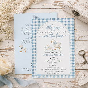 Dolle Gans op de LOOSE Blauwe Gingham Baby Shower Kaart