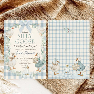 Dolle Gans Winter Blauw Geruite Baby Shower Kaart