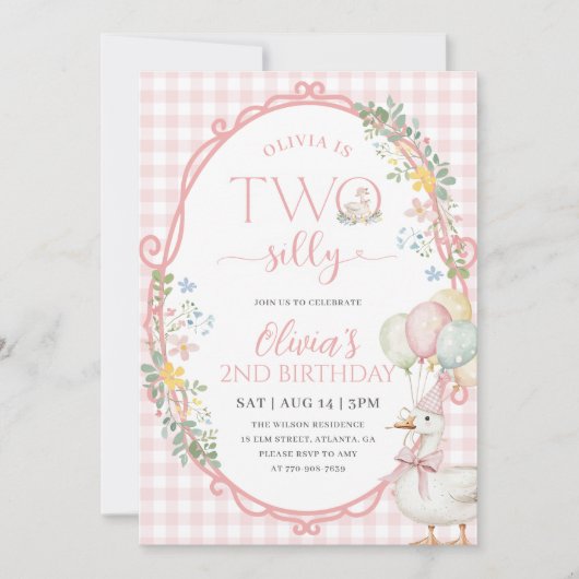 Dolle Ganzen Meisje 2e Verjaardag Roze Gingham Kaart (Voorkant)